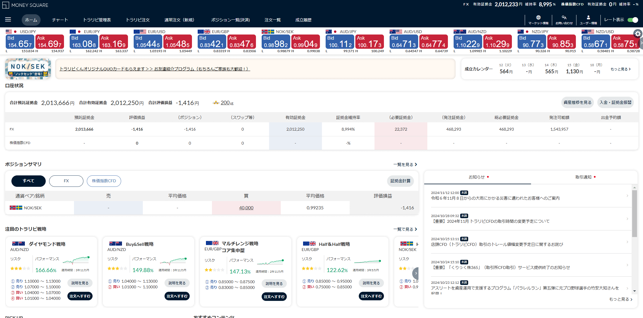 トラリピFX口座のトレード画面