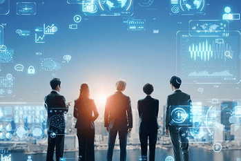 都市を眺めるビジネスパーソンのグループと経営戦略