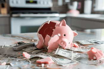 A broken piggy bank on a kitchen counter