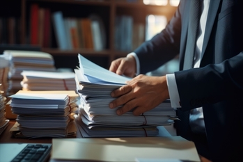 Businessman hands working in Stacks of paper files for searching information on work desk in office
