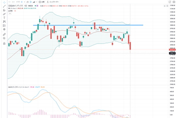 2021年1月中旬～5月中旬の日経チャート。太い青線は30000円のライン