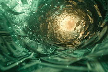 Abstract swirling tunnel of dollar bills, representing economics