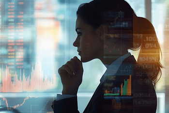 株式市場データディスプレイを背景にしたビジネスウーマンのシルエット 