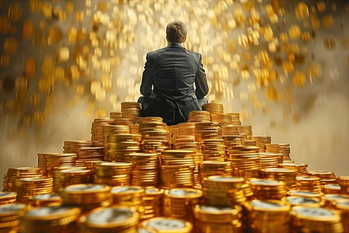 Businessman sitting on vast wealth, Business concept