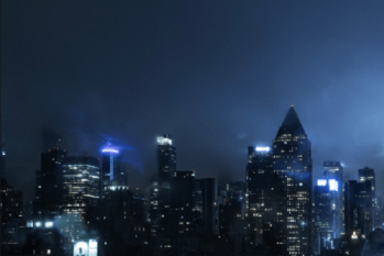 New York city at on a foggy night with lights glowing