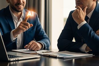 A person proposing the introduction of AI technology at a business meeting and a person thinking