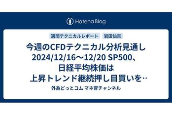 今週のCFDテクニカル分析見通し 2024/12/16〜12/20 SP500、日経平均株価は上昇トレンド継続押し目買いを意識したいところ。金（ゴールド）の日足チャートは短期移動平均線をデッドクロスし売りサイン点灯