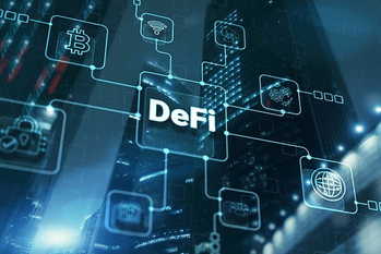 DeFi 分散型金融。テクノロジー ブロックチェーン 暗号通貨 コンセプト