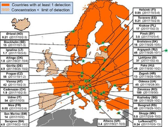 去る2017年に欧州中で大騒動となった放射性物質ルテニウム106の当時の 分布