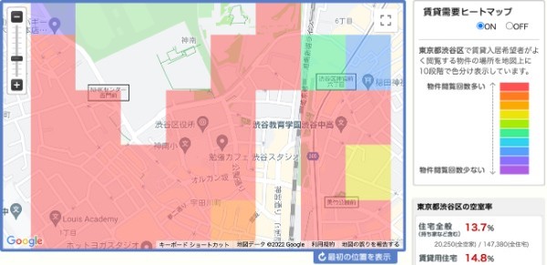 LIFULL HOME'S「東京都渋谷区の賃貸需要ヒートマップ」より引用
