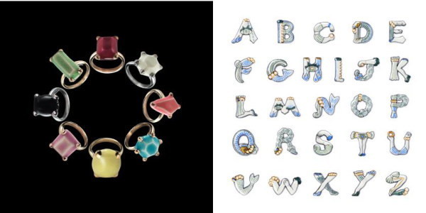 写真(上)/(写真 左)「Bijoux Ring」(写真 右) 「アルファベット ブローチ」(写真=プレミアムジャパン)