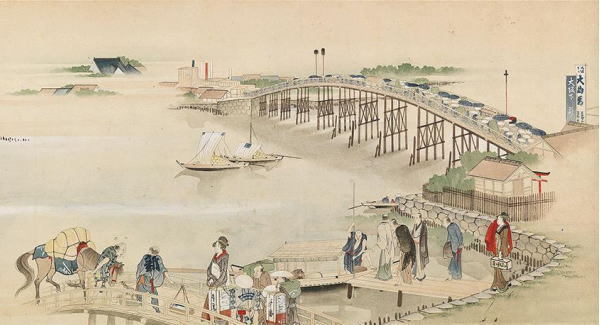 上の写真：隅田川両岸景色図巻（部分：両国橋付近）所蔵:すみだ北斎美術館