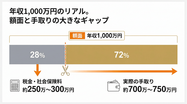 額面1,000万円でも手取りは約700万〜750万円