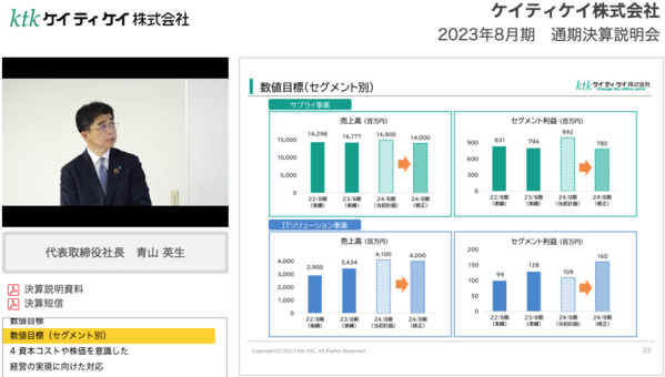 ケイティケイ株式会社2023年8月期通期決算説明動画 数値目標（セグメント別）