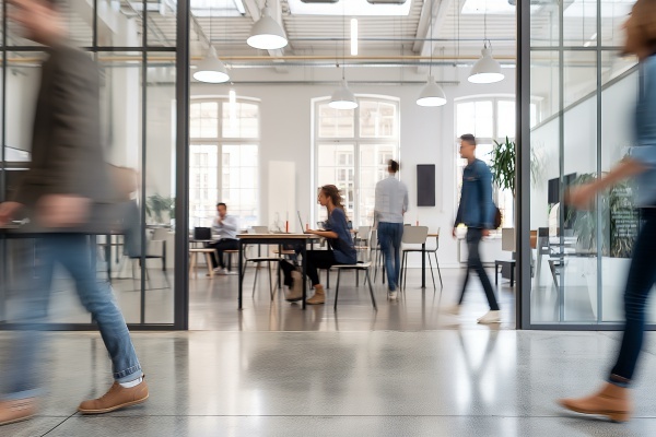 Modern Office Space with Team Members Walking and Collaborating