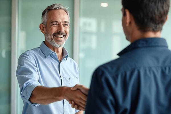 Two businessmen joyfully shaking hands in a modern office setting