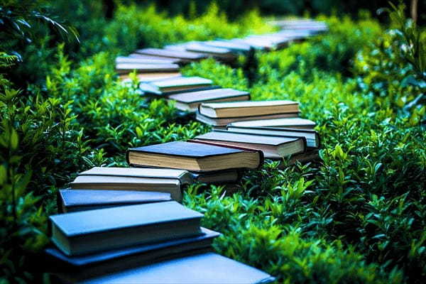 Pathway of Books Through Lush Greenery in Nature