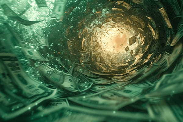 Abstract swirling tunnel of dollar bills, representing economics