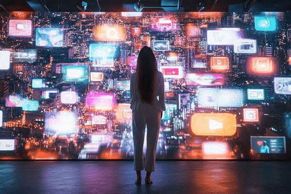 Caucasian Woman Observing Vibrant Digital Media in 3D Cyberspace with Social Networks Video Games and Animated Content