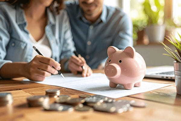 Couple reviewing financial documents with a piggy bank on the table