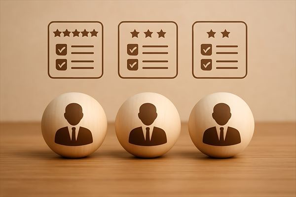 木のテーブルの上に置かれた3つの卵とビジネスマン、そして評価チェックリスト