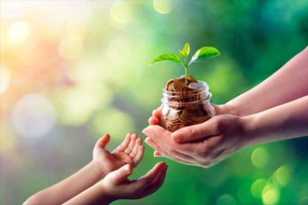 Mother Hands Giving Money Saving To Child - Grow And Investment For The Future Generation