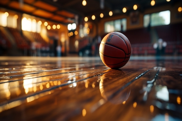 Artistic image of a basketball on the court floor