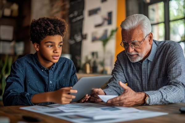 Teenager receiving investment guidance from senior mentor in profile view.