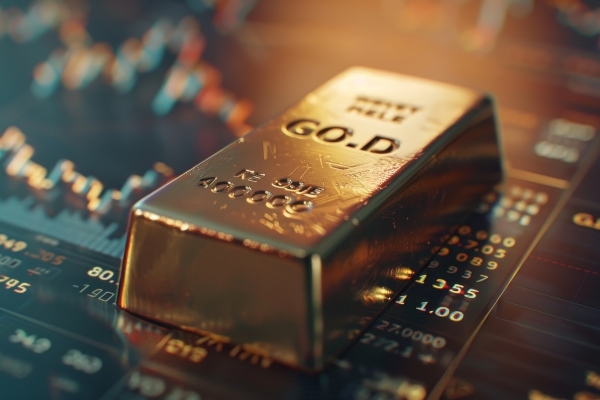 Close up of a gold bar on a financial table with dynamic stock market graphs illustrating growth 