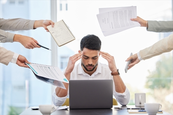 Business man, stress and demand in office with headache