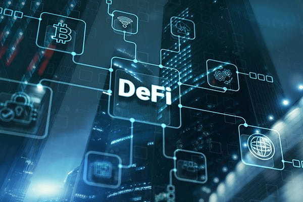DeFi 分散型金融。テクノロジー ブロックチェーン 暗号通貨 コンセプト