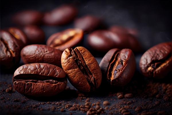 Generative AI illustration of Coffee Beans Closeup On Dark Background, blurred background