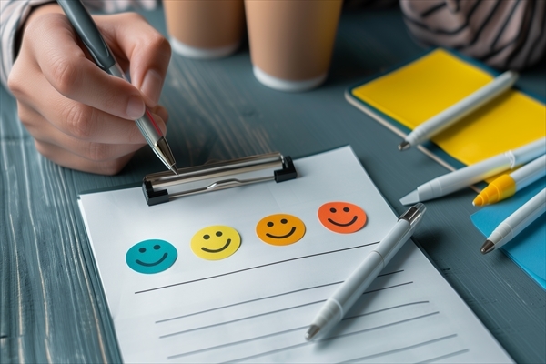 A hand holding a pen, marking smiley faces on an employee satisfaction survey on a wooden desk.