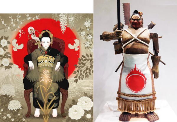 加藤美紀『日ノ本』：和装女性のモチーフを現代的な感性でアップデートした現代の美人画 （写真左） 淺野健一『力人』：日本の伝統的な彫刻技法を用いて、神格化された強者のイメージを斬新な形で表現 （写真右）