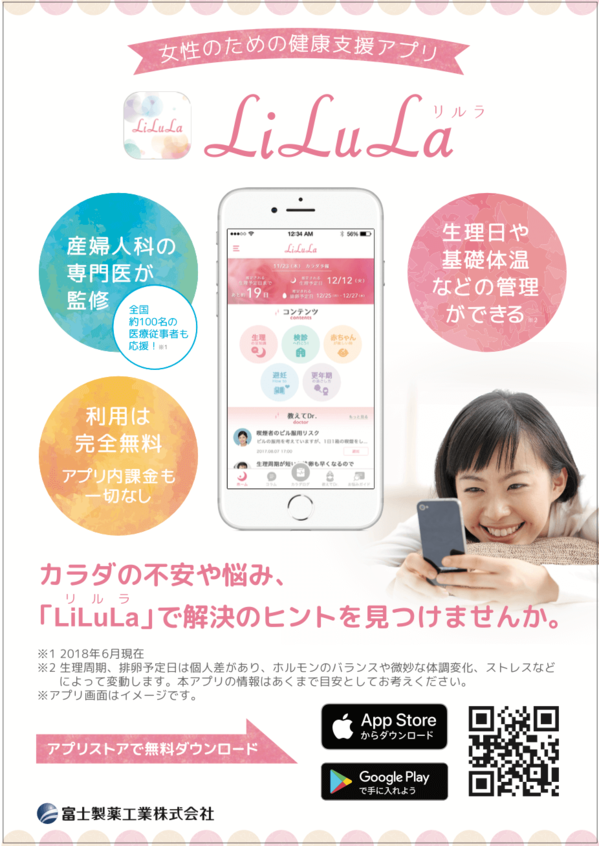 女性の健康支援を目的とするスマートフォン専用アプリ「LiLuLa（リルラ）」