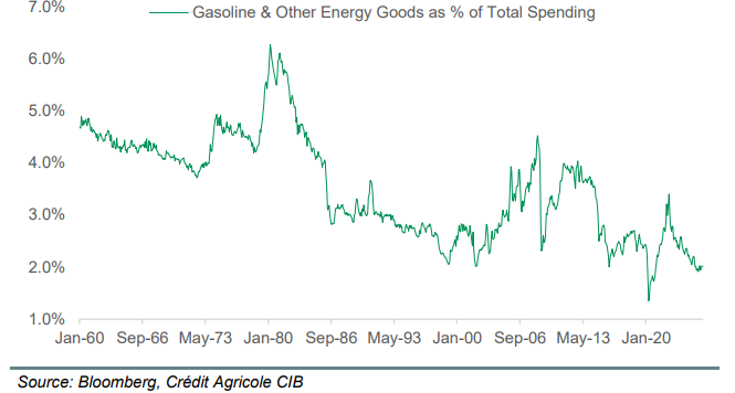米国－消費に占めるガソリンその他エネルギー製品の割合は低下