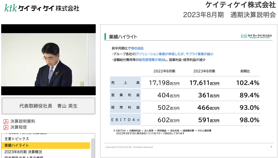 ケイティケイ株式会社2023年8月期通期決算説明動画 業績ハイライト