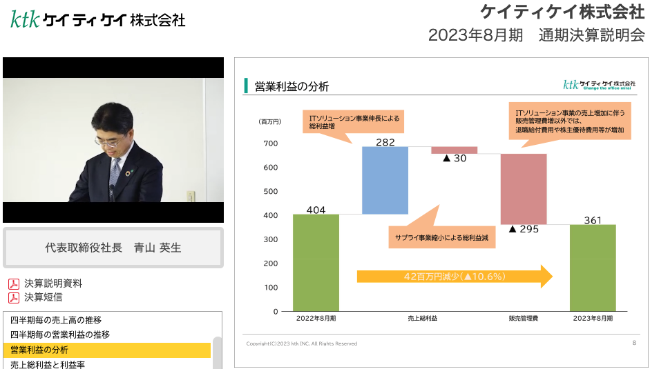 ケイティケイ株式会社2023年8月期通期決算説明動画 営業利益の分析